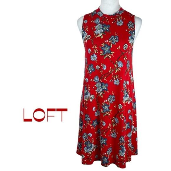 LOFT Red Floral Print Casual Vacation Cruise Shift Dress NWOT Size SP - Picture 2 of 13